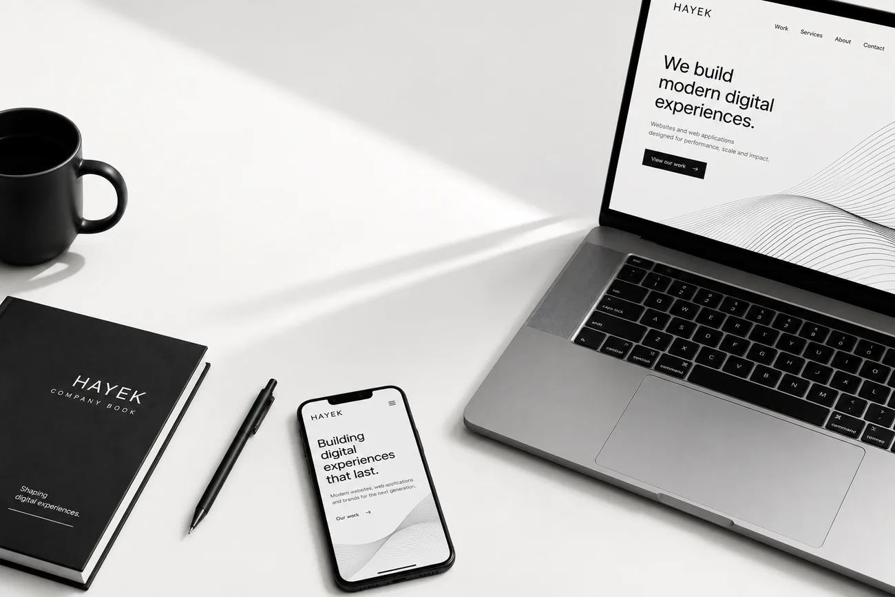 Hayek brand materials, a company book, laptop, and phone showing a Hayek website