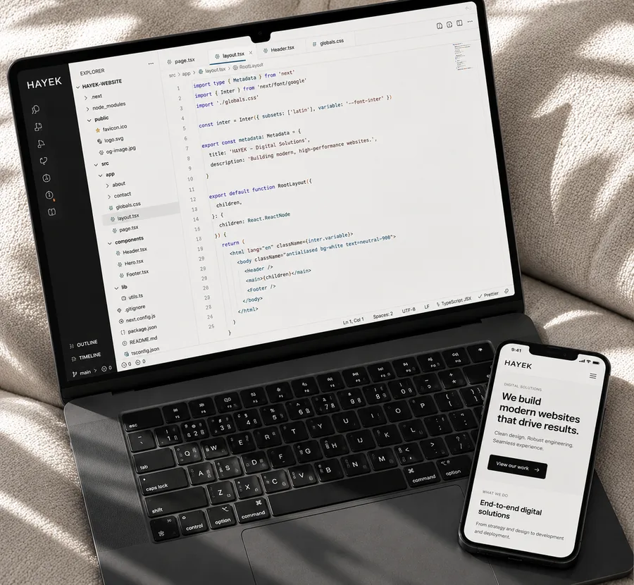 A Hayek-built website shown on a laptop and phone